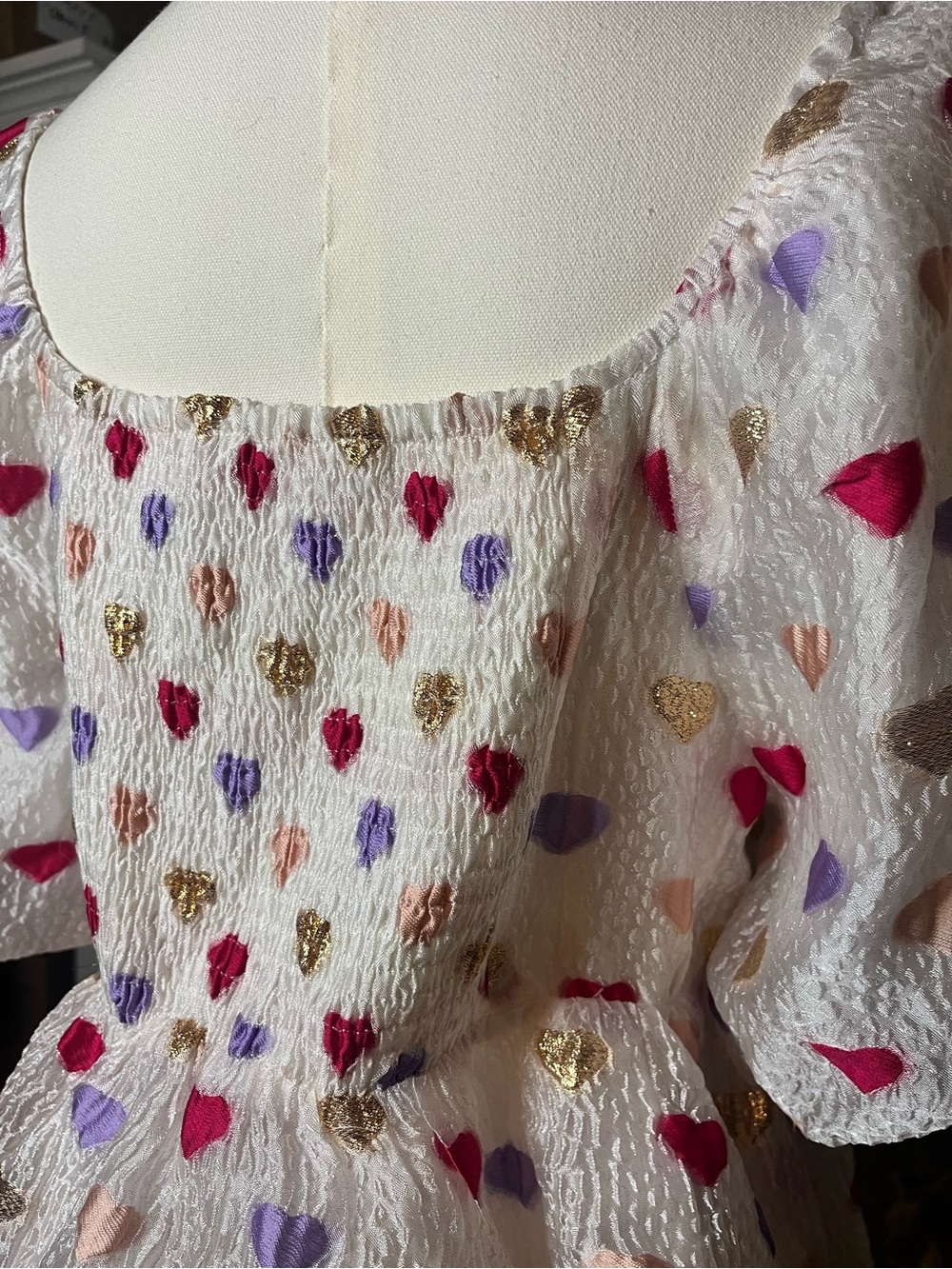 Buddy Love White Heart Print Puff Sleeve Sweetheart Top XS - Picture 6 of 7